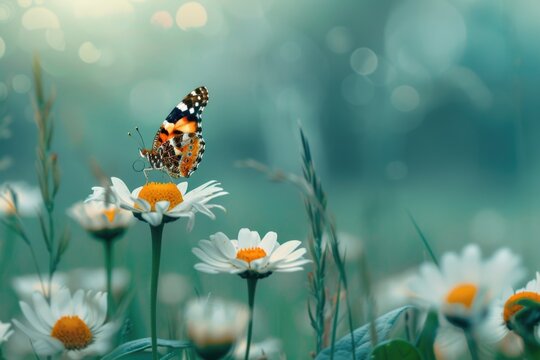 Fototapeta A close-up image of a butterfly sitting on the petals of a white flower