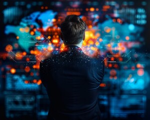 A person in a dark suit is analyzing illuminated digital data on multiple screens in a high-tech environment.