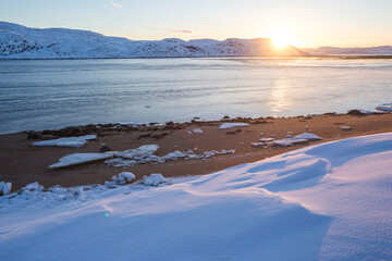 Guba Voronya, Barents Sea bay winter landscape