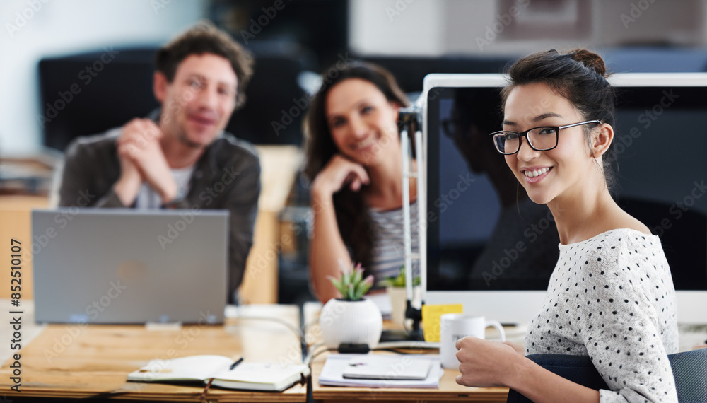 Poster computer, design and smile with portrait of employee team in office together for creative career. co