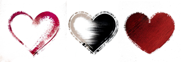 Set of hearts in grunge style. 3 drawn hearts on a transparent background.
