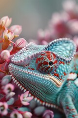 Obraz premium A close-up shot of a chameleon sitting on a leaf, showcasing its vibrant colors and intricate patterns