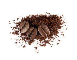 Three Pile of ground coffee and coffee beans isolated on white background