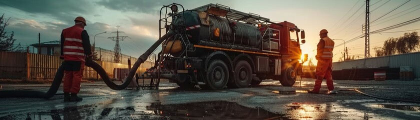 A team of plumbers working with a sewage vacuum truck, attaching hoses to a home sewerage tank for cleaning, showcasing the equipment and methods used in residential waste management