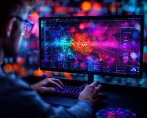 Person working with digital data on a colorful monitor screen, engaged in data analysis or programming in a high-tech environment.