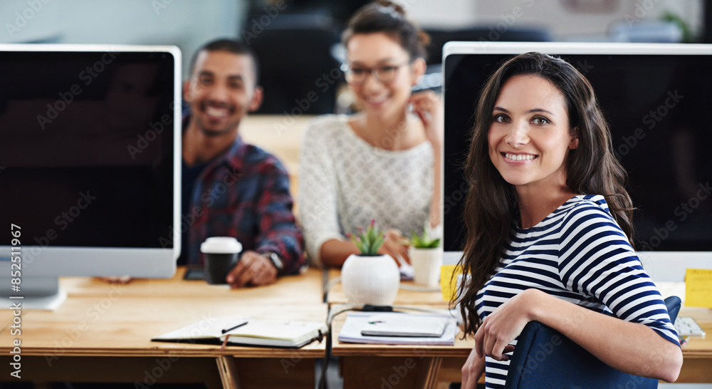 Poster creative woman, teamwork and portrait by desktop or computer planning or workflow in office workspac