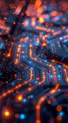 Realtime processing at edge, benefits and challenges, reduced latency, closeup, vibrant network flow, dynamic and efficient computing