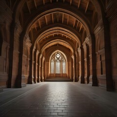 Interior of a church with wooden arches and large windows. ai generated