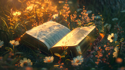 Open bible surrounded by flowers, soft light.