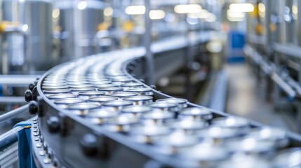 A conveyor belt carrying cans of food in a spotless factory environment, highlighting the meticulous attention to cleanliness and quality control