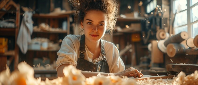 A female artisan with curly hair, meticulously using a hand planer on a wooden piece, with wood shavings scattered on her bench and a bright workshop setting 8K , high-resolution, ultra HD,up32K HD