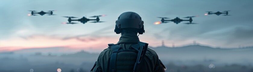 Soldiers and AI systems managing drone fleet for reconnaissance and strike missions, enhancing military strategy and efficiency. Tactical reconnaissance and precision strike operations