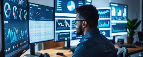 Fototapeta premium SEO analyst in a hightech workspace, multiple screens displaying analytics, bright white lighting, Techsavvy, Digital painting