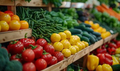 Fresh organic vegetables at the market, tomatoes, peppers, lettuce, broccoli, zucchini, lemons