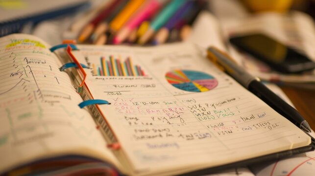 Financial Planning: Budget Goals and Colorful Charts on Open Notebook Page