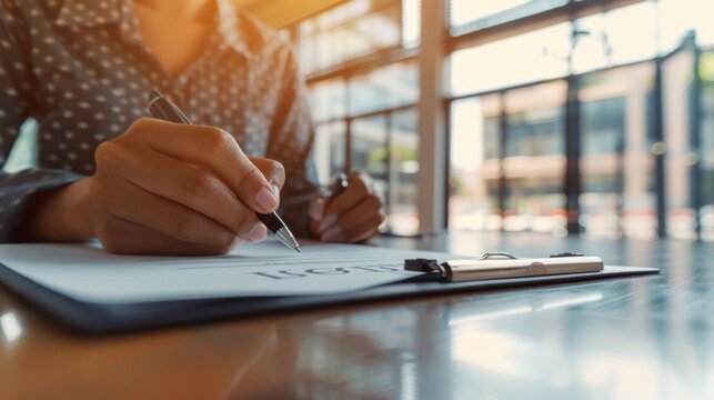 05061620 237 A close-up of a hand holding a pen, signing a lease agreement for a new business space. --ar 16:9 Job ID: 0180c264-ce57-466f-a371-dd629d5fb396 - Powered by Adobe