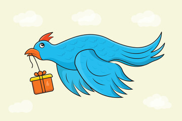 Adorable blue cute bird flying with a gift box minimalist illustration