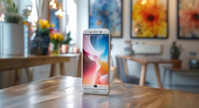 White minimalist table with a smartphone showing a perfect review score, abstract art on the wall