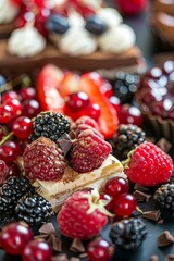 assortment of desserts with fresh berries, fruits and chocolate, close-up. 