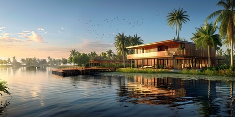 Obraz premium Modern Tropical Lakeside Villa at Sunset