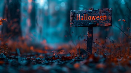 Creative neon halloween wooden sign board In dark Forest, concept of halloween celebration