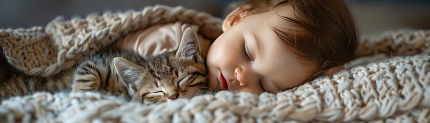 A peaceful baby sleeps next to a kitten under a cozy blanket, capturing a moment of adorable tranquility and warmth.