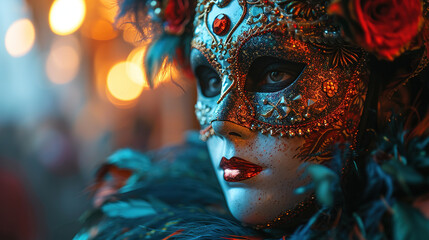 Venice carnival glamurous and minimalist poster design with half mask over color background