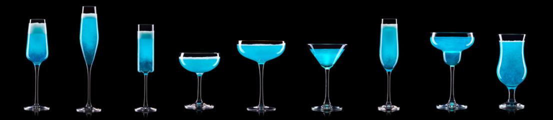 Set of different glasses for drinks and cocktails on black background