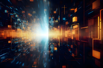 Obraz premium Digital abstract background encompasses technological operations, neural networks, data transmission, encryption, digital archives, audio and visual representations, scientific research.