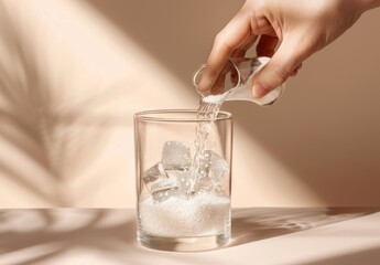 Close up of hand pouring white powder into a glass of clear water 