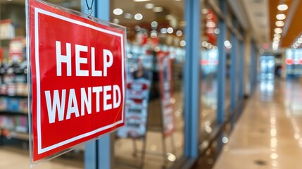 A red sign with white lettering that says Help Wanted is taped to the front window of a retail store