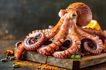 Fototapeta premium succulent octopus tentacles on a wooden board with herbs and spices, on a rustic kitchen table background