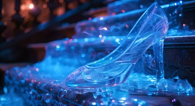 A glass slipper is on a staircase with a blue background