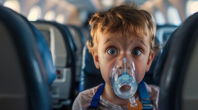 child oxygen mask plane surprised ultrahigh definition closeup