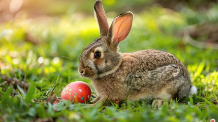 Fototapeta premium Easter Rabbit Resting on Grass with Arm around Easter Egg