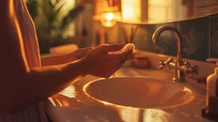 Naklejka premium Relaxing Bathroom Scene with Woman Exfoliating Hands Using Homemade Coffee Scrub - Calming Atmosphere