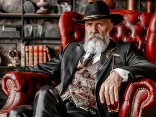 Medium shot ofMafia old man sitting on the red chair and drinking whiskey, waist high sot photography themed background. 