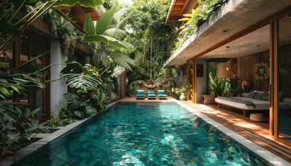 Fototapeta premium villa's swimming pool surrounded by lush greenery
