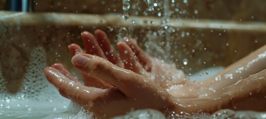 Fototapeta premium Close-up of Hands Washing with Soap Under Running Water in a Bathroom Sink