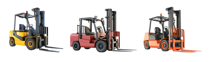 Three Modern Forklifts in Different Colors Isolated on Black Background for Industrial and Warehouse Use