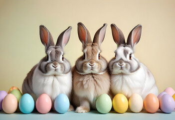 Three brown rabbits sitting next to easter eggs on an pastel background
