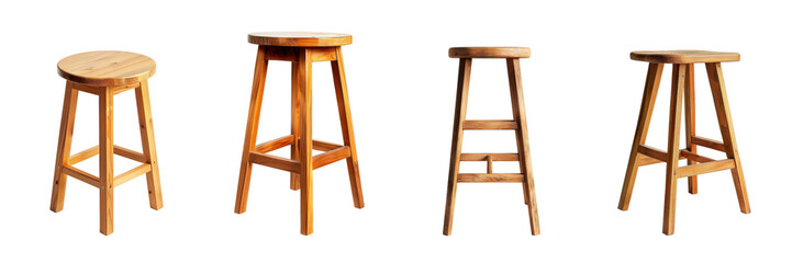 Set of Four Wooden Bar Stools Isolated on Black Background in Various Angles and Positions