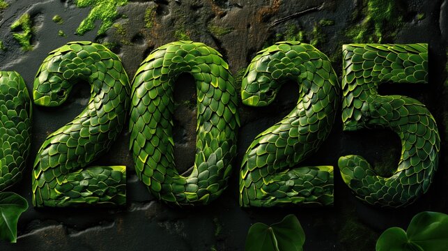 Numbers 2025 with green snakeskin texture. Happy New Year greeting card. New Year concept