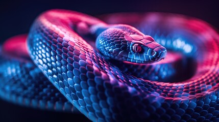 Snake in neon blue and pink light on black background. Symbol of 2025 