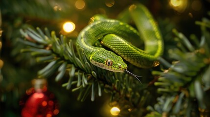 Fototapeta premium A green mamba snake on a Christmas tree with garland. Snake is a symbol of the year 2025. Christmas and New Year card 