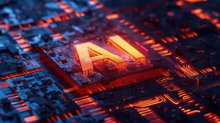 Artificial intelligence micro chip with AI lettering on a circuit board close up. Future of...