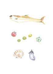 ワカサギ、ミニトマト、オクラ、枝豆、ナス、ホタテ