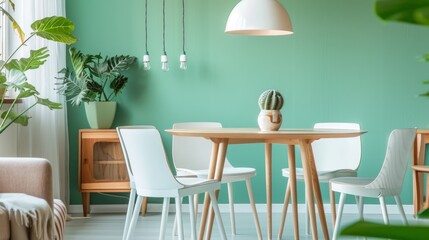 Mint color chairs at round wooden dining table in room with sofa and cabinet near green wall. Scandinavian, mid-century home interior design of modern living room.