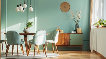 Mint color chairs at round wooden dining table in room with sofa and cabinet near green wall. Scandinavian, mid-century home interior design of modern living room.