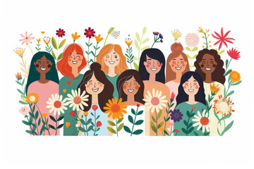 Fototapeta premium flat illustration of a group of women smiling, surrounded by flowers isolated on white background